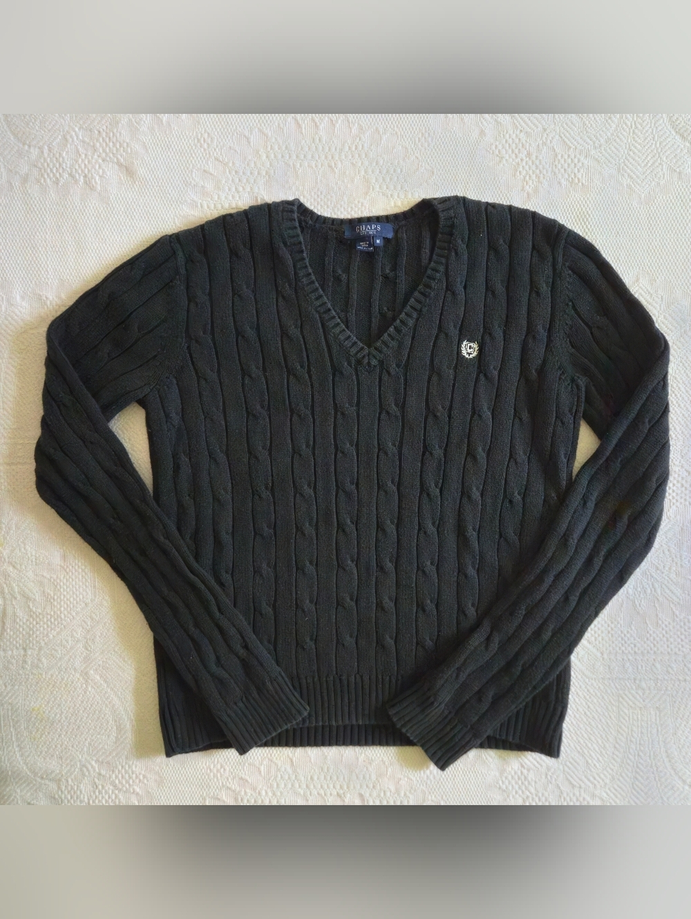 Chaps Black Cotton Cable-Knit V-Neck Preppy Sweater Office Spring Autumn Size M